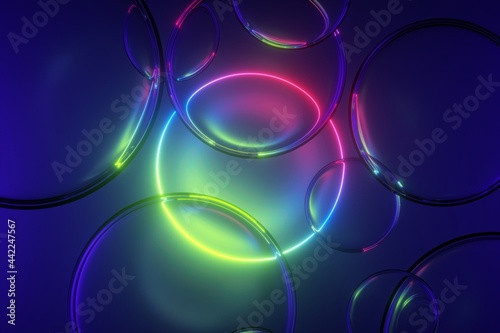 3d render, abstract colorful neon background with round frame and glass balls. Glowing geometric shape and clear bubbles