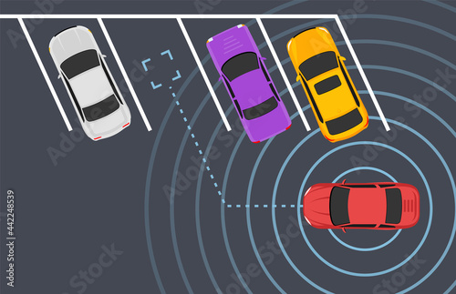 Parking smart car sensor autonomous view. Automobile park assist drive safety