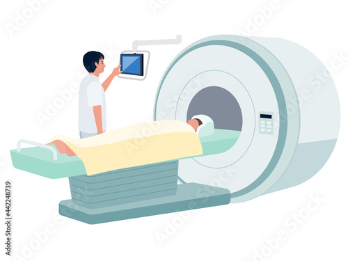 医療用機器（MRI）検査を行う男性医師と寝台に横たわる患者のベクターイラスト