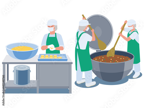 	給食センターで給食づくりをする調理スタッフのベクターイラスト