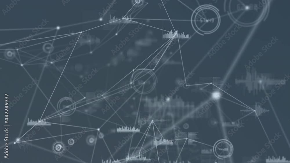 Animation of network of connections with data processing on grey background