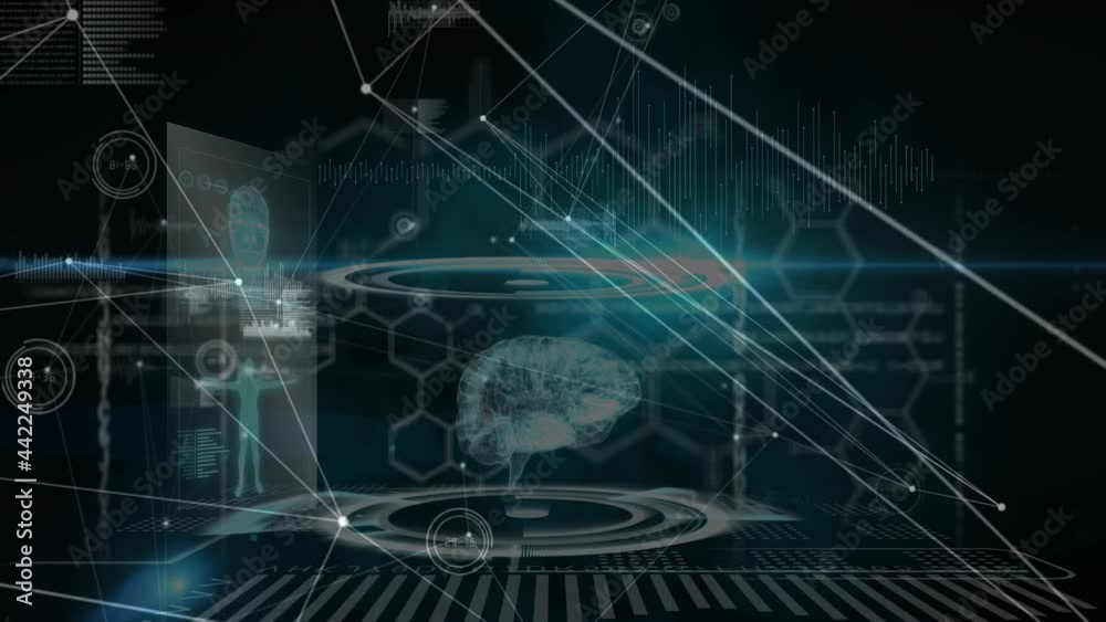 Animation of network of connections over human brain and medical data processing on screen Animation of network of connections over human brain and medical data processing on screen