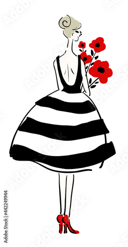 Stylish beautiful girl and red flower. Fashion illustration.