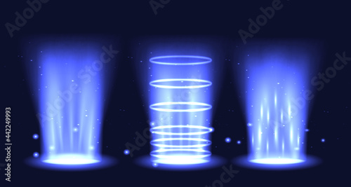 Portal set light effect hologram. Magic circle teleport podium. Ufo swirl beam and ray energy funnel
