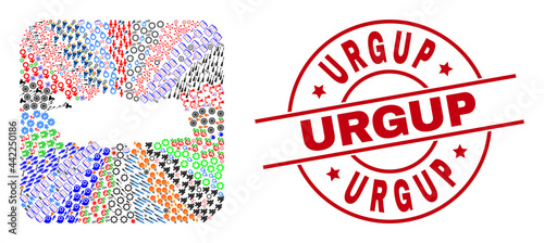 Vector mosaic Turkey map of different icons and Urgup stamp. Mosaic Turkey map created as carved shape from rounded square shape. Red round seal with Urgup tag.