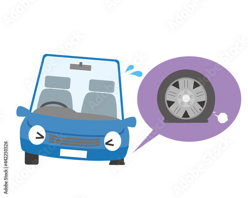 車のタイヤがパンクするトラブルのイラスト
