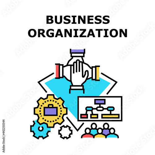 Business Organization Plan Vector Icon Concept. Business Organization Working Process And Management Employees Team  Presentation Strategy Structure. Successful Teamwork Color Illustration