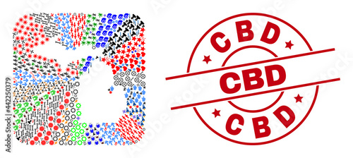 Vector collage Michigan State map of different symbols and Cbd seal stamp. Collage Michigan State map constructed as carved shape from rounded square shape. Red round stamp with Cbd text.