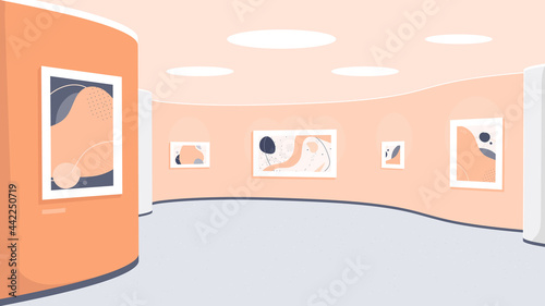Museum exhibition with modern artworks. Art gallery interior with contemporary pictures. Vector flat illustration exposition with abstract paintings.