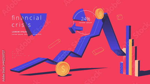 Financial crisis concept flat illustration with falling diagram. The bankruptcy of the world economy. Stock market crash.