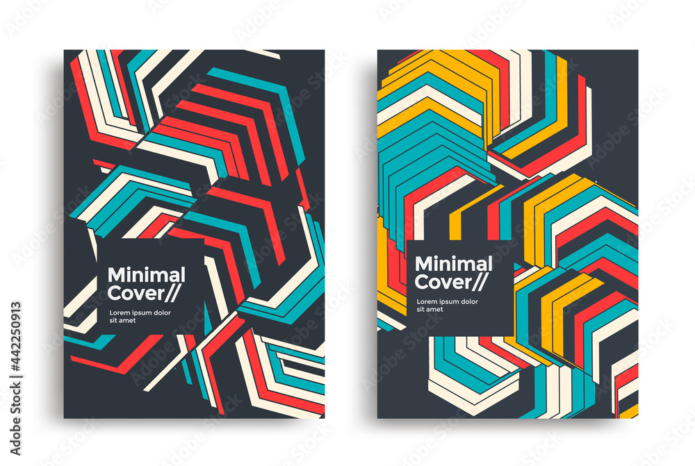 Set of geometric posters design. Dynamic striped background design for covers, flyers. Vector Line arrow graphic cover. - obrazy, fototapety, plakaty 