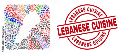 Vector collage Lebanon map of different pictograms and Lebanese Cuisine seal stamp. Collage Lebanon map constructed as carved shape from rounded square shape.