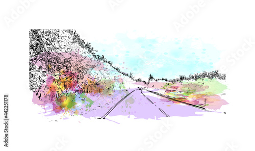 Building view with landmark of Herefordshire is a county in the West Midlands of England. Watercolor splash with hand drawn sketch illustration in vector.