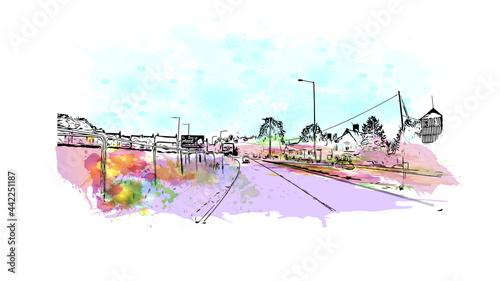 Building view with landmark of Herefordshire is a county in the West Midlands of England. Watercolor splash with hand drawn sketch illustration in vector.