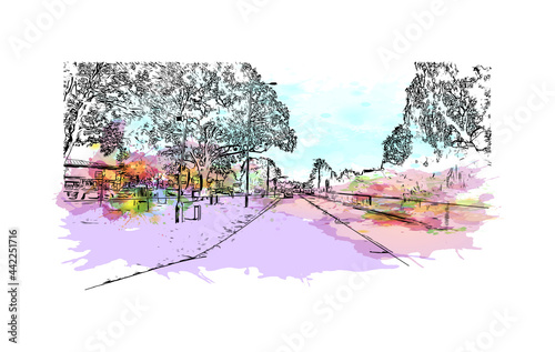 Building view with landmark of Herefordshire is a county in the West Midlands of England. Watercolor splash with hand drawn sketch illustration in vector.