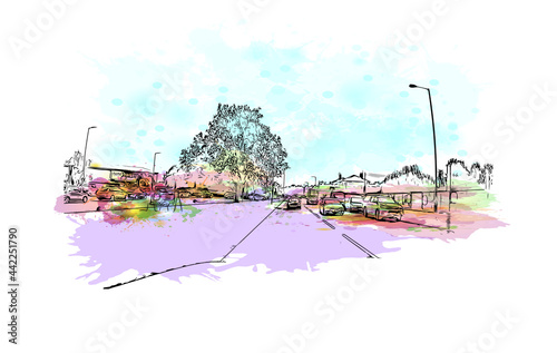 Building view with landmark of Herefordshire is a county in the West Midlands of England. Watercolor splash with hand drawn sketch illustration in vector.