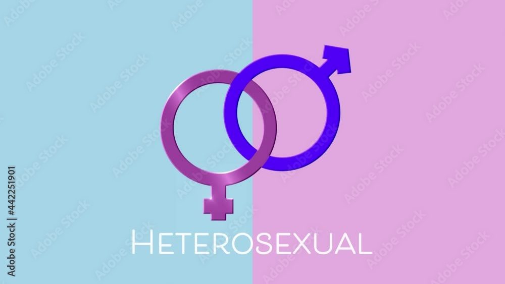 Animation of text heterosexual and linked pink and purple female and male gender symbols, on blue Animation of text heterosexual and linked pink and purple female and male gender symbols, on blue