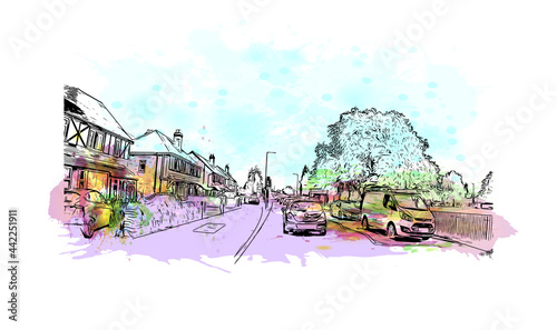 Building view with landmark of Herefordshire is a county in the West Midlands of England. Watercolor splash with hand drawn sketch illustration in vector.