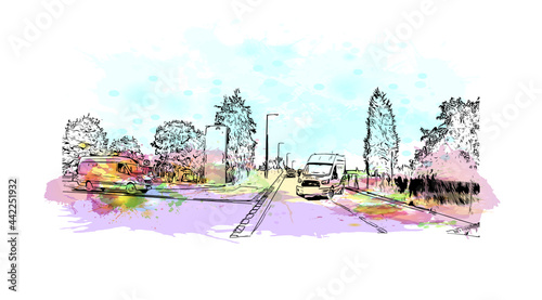 Building view with landmark of Herefordshire is a county in the West Midlands of England. Watercolor splash with hand drawn sketch illustration in vector.