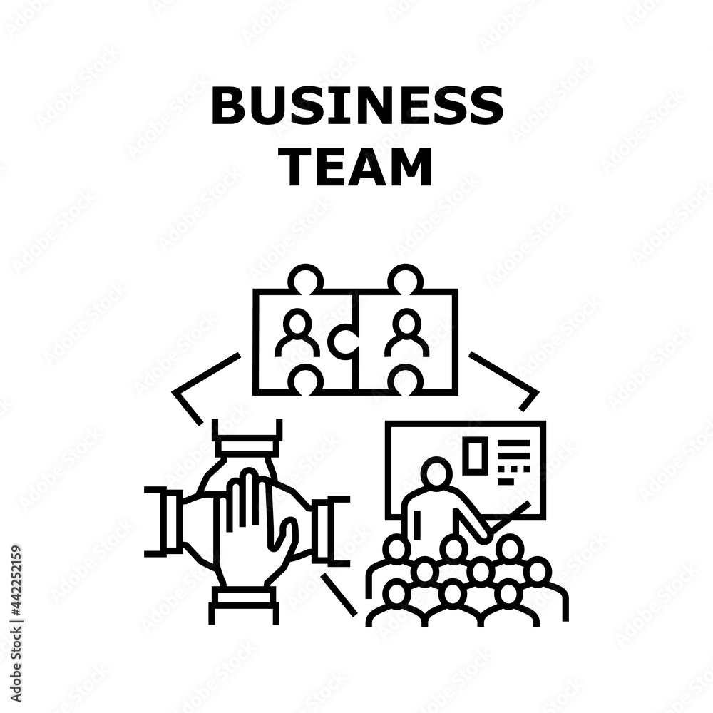 Business Team Vector Icon Concept. Business Team Conference And Brainstorming, Educational Course And Planning Job Strategy. Company Teamwork And Profession Cooperation Black Illustration
