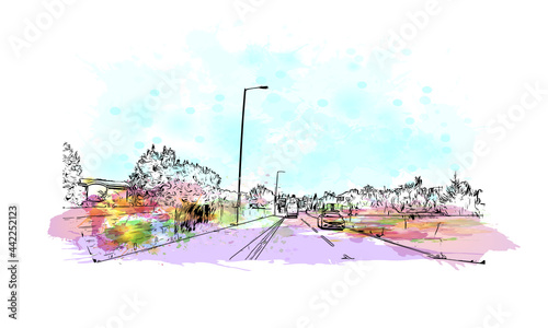 Building view with landmark of Herefordshire is a county in the West Midlands of England. Watercolor splash with hand drawn sketch illustration in vector.