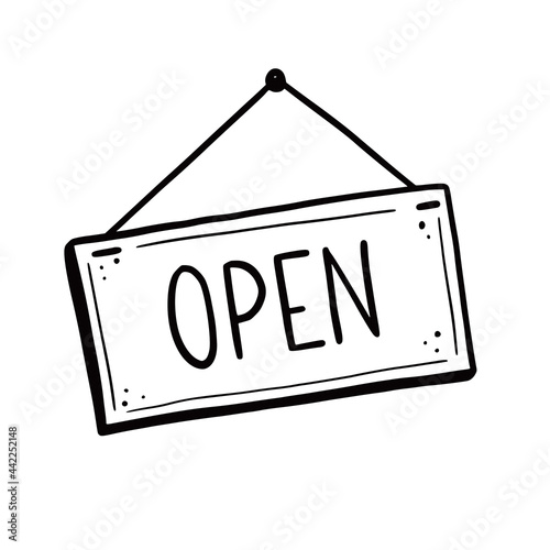 Hand drawn open sign element. Doodle sketch style. Shop door or window open label icon. Vector illustration.