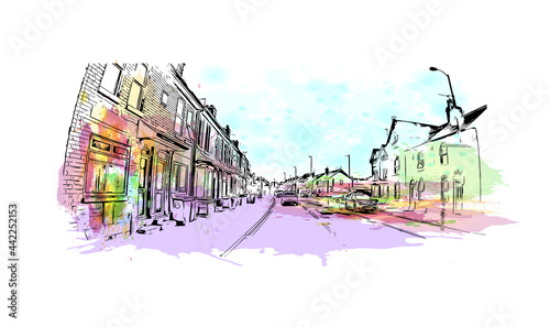 Building view with landmark of Herefordshire is a county in the West Midlands of England. Watercolor splash with hand drawn sketch illustration in vector.