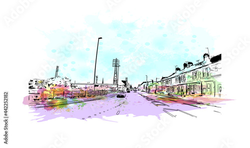 Building view with landmark of Herefordshire is a county in the West Midlands of England. Watercolor splash with hand drawn sketch illustration in vector.