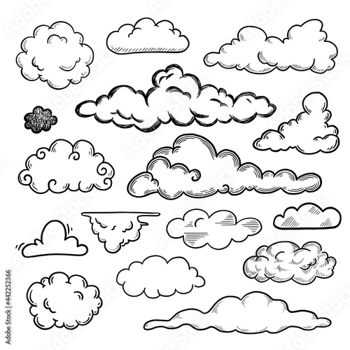 Hand drawn cloud set. Doodle sketch style cloud. Simple outline scribble draw. Vector illustration.