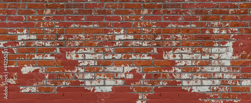 Old White and Red Painted Peeling Brick Wall Backdrop Panorama 