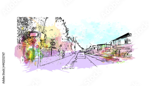Building view with landmark of Herefordshire is a county in the West Midlands of England. Watercolor splash with hand drawn sketch illustration in vector.