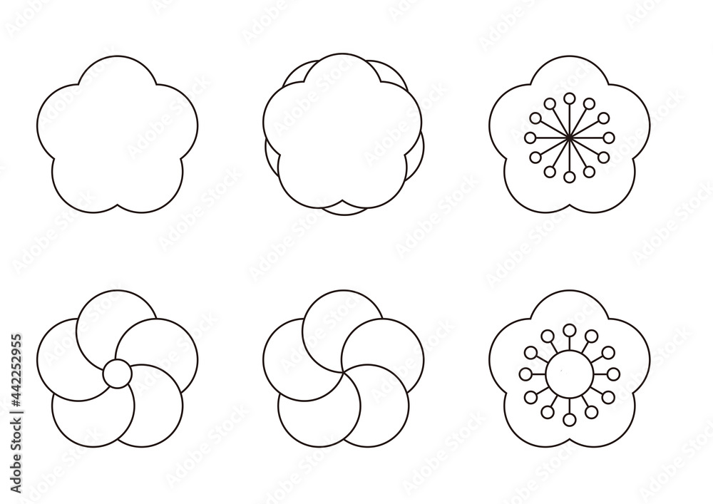 梅の花の線画セット 和風の花のデザイン 和文様 梅の花の線画セット 和風の花のデザイン 和文様