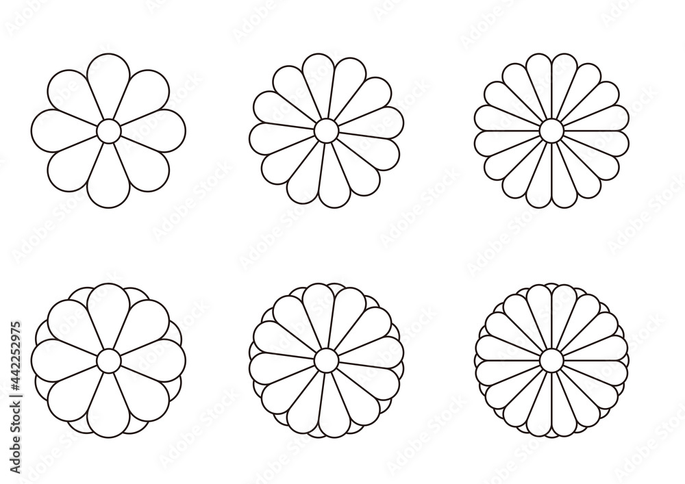 菊の花の線画セット　和風の花のデザイン　和文様