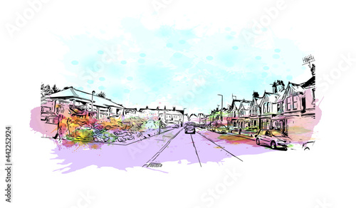 Building view with landmark of Herefordshire is a county in the West Midlands of England. Watercolor splash with hand drawn sketch illustration in vector.