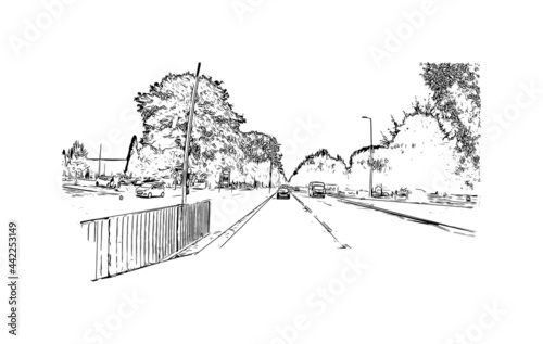 Building view with landmark of Herefordshire is a county in the West Midlands of England. Hand drawn sketch illustration in vector.