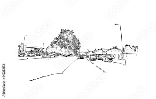 Building view with landmark of Herefordshire is a county in the West Midlands of England. Hand drawn sketch illustration in vector.