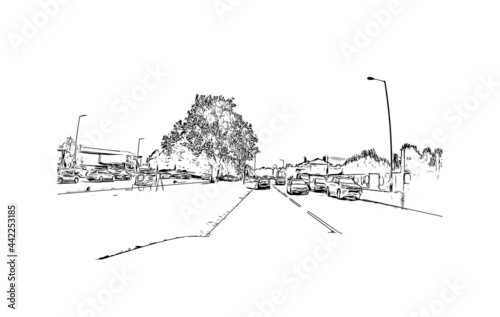 Building view with landmark of Herefordshire is a county in the West Midlands of England. Hand drawn sketch illustration in vector.