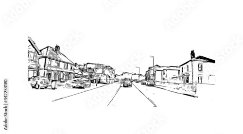 Building view with landmark of Herefordshire is a county in the West Midlands of England. Hand drawn sketch illustration in vector.