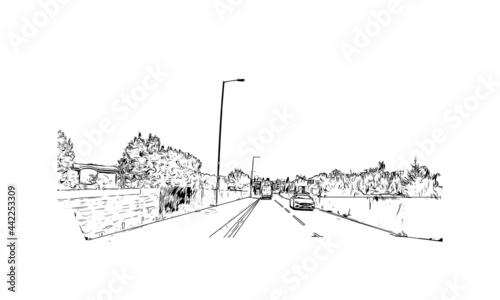 Building view with landmark of Herefordshire is a county in the West Midlands of England. Hand drawn sketch illustration in vector.