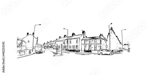 Building view with landmark of Herefordshire is a county in the West Midlands of England. Hand drawn sketch illustration in vector.