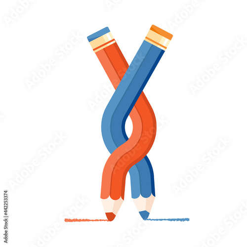 Straight, twisted and intertwined pencils. Blue and red pencil colors for clipart. Vector Illustration