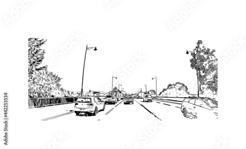 Building view with landmark of Herefordshire is a county in the West Midlands of England. Hand drawn sketch illustration in vector.