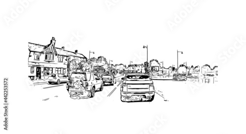 Building view with landmark of Herefordshire is a county in the West Midlands of England. Hand drawn sketch illustration in vector.