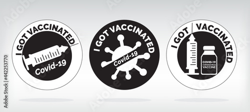 I got vaccinated covid-19, Black and white Vaccinated Label for print, Vaccination against coronavirus, Immunization Treatment, Bottles and Syringes, Health care Vector IllustratorEPS 10.