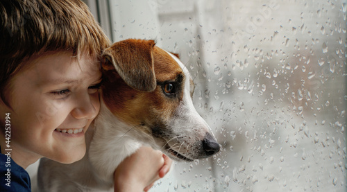 Cute boy embracing the dog on the window. Friendship, care, happiness, new year concept.