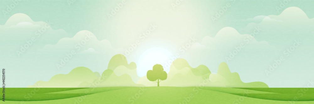Landscape view of green meadows and mountains in sunny day.Flat panorama of spring summer beautiful nature forest scenic on horizon background.Vector illustration. - obrazy, fototapety, plakaty 