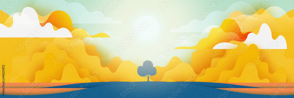 Landscape view of colorful meadows and mountains in sunny day.Flat panorama of spring summer beautiful nature forest scenic on horizon background.Vector illustration.