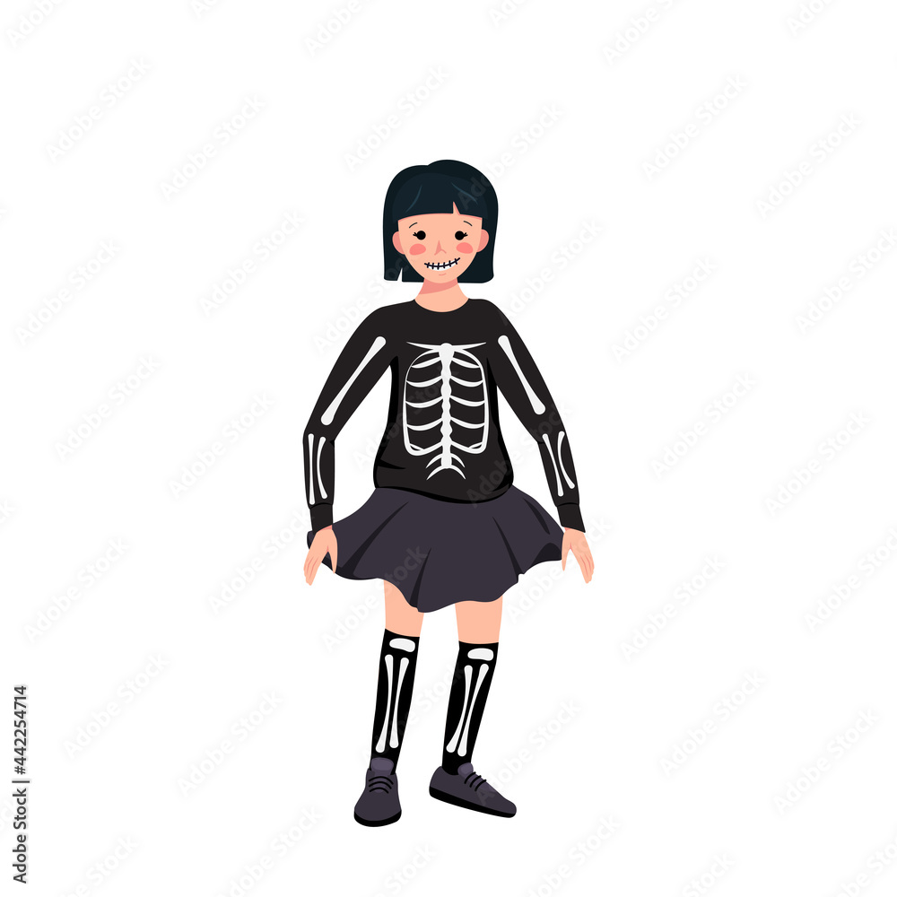 Child in a skeleton costume with bones for the holiday Halloween. A girl in fancy dress and a painted sewn on mouth. Kid dancing in a carnival manner Child in a skeleton costume with bones for the holiday Halloween. A girl in fancy dress and a painted sewn on mouth. Kid dancing in a carnival manner