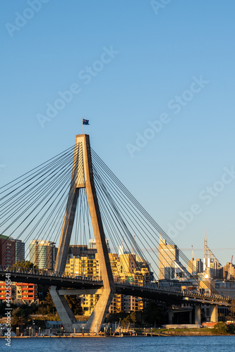 Anzac Bridge, Sydney, Australia with the Australian flag at the top 