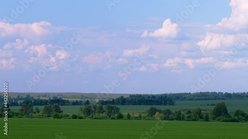 Rain clouds on sky above green grass field and trees. photo